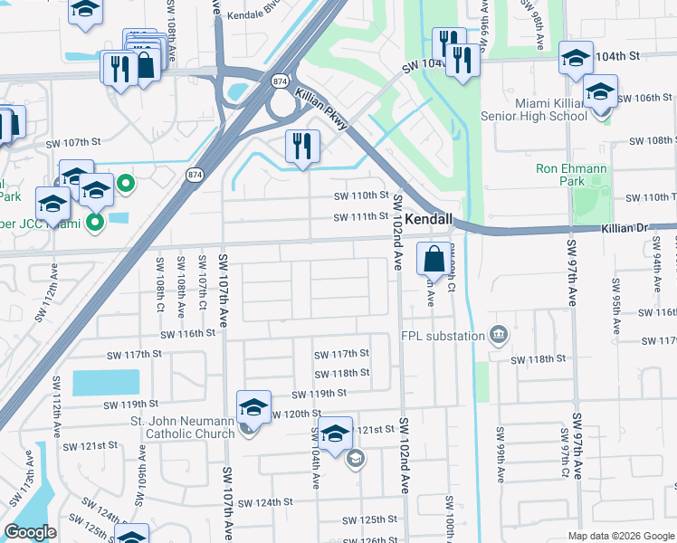 map of restaurants, bars, coffee shops, grocery stores, and more near 10360 Southwest 114th Street in Miami