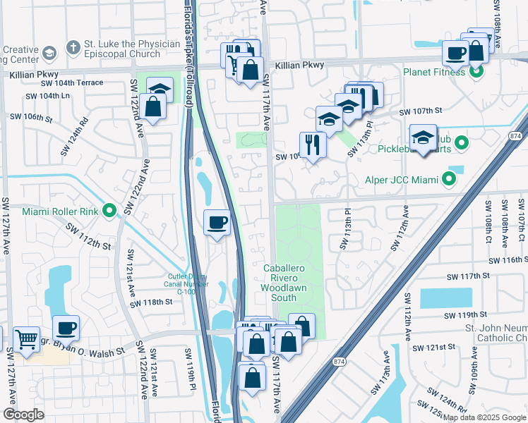 map of restaurants, bars, coffee shops, grocery stores, and more near 11231 Southwest 117th Court in Miami