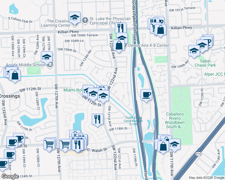 map of restaurants, bars, coffee shops, grocery stores, and more near 12122 Southwest 110th Street Circle South in Miami