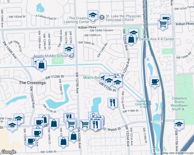 map of restaurants, bars, coffee shops, grocery stores, and more near 12407 Southwest 112th Terrace in Miami