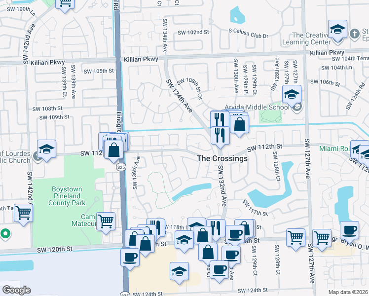 map of restaurants, bars, coffee shops, grocery stores, and more near 17 Southwest 132nd Place in Miami