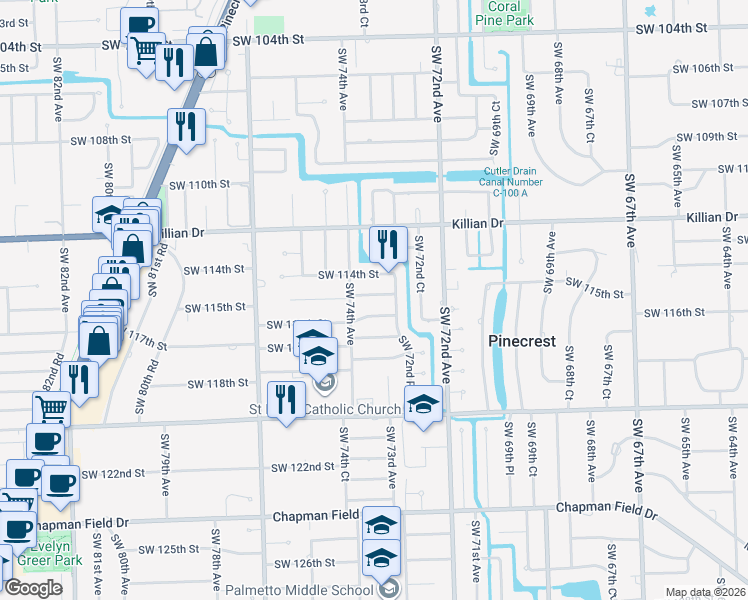 map of restaurants, bars, coffee shops, grocery stores, and more near 7331 Southwest 116th Street in Miami