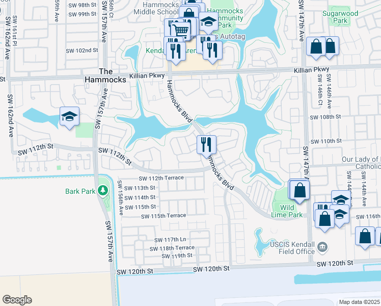 map of restaurants, bars, coffee shops, grocery stores, and more near 15261 Southwest 111th Street in Miami
