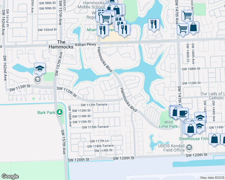 map of restaurants, bars, coffee shops, grocery stores, and more near 15261 Southwest 111th Street in Miami