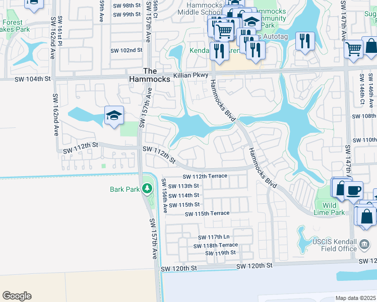 map of restaurants, bars, coffee shops, grocery stores, and more near 15480 Southwest 110th Terrace in Miami