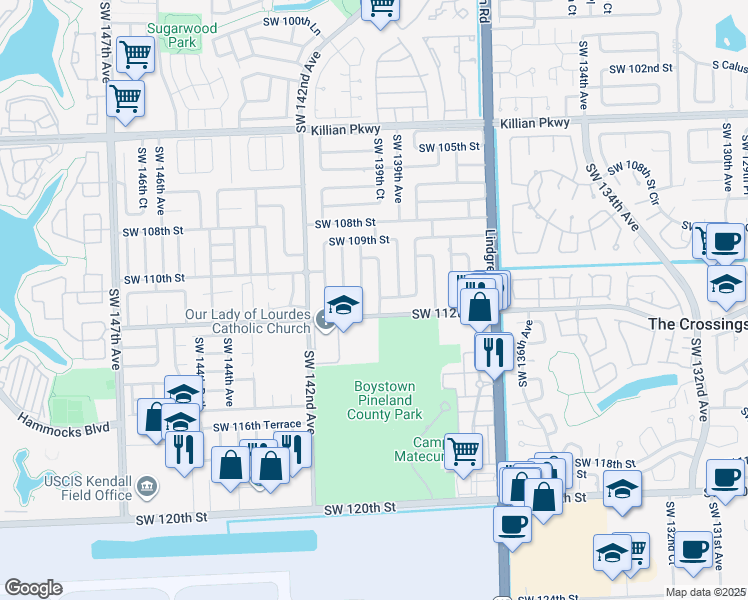 map of restaurants, bars, coffee shops, grocery stores, and more near 13921 Southwest 112th Street in Miami