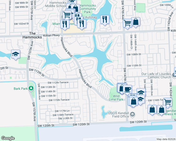 map of restaurants, bars, coffee shops, grocery stores, and more near 15114 Southwest 110th Terrace in Miami