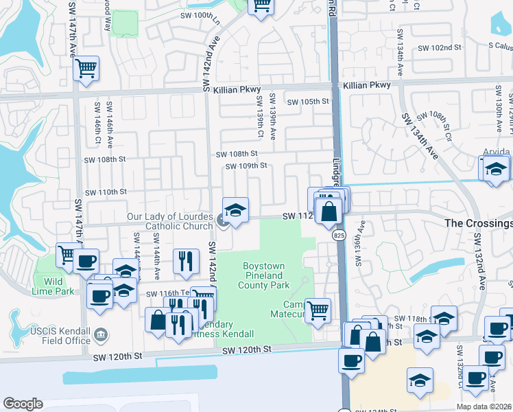 map of restaurants, bars, coffee shops, grocery stores, and more near 13921 Southwest 112th Street in Miami