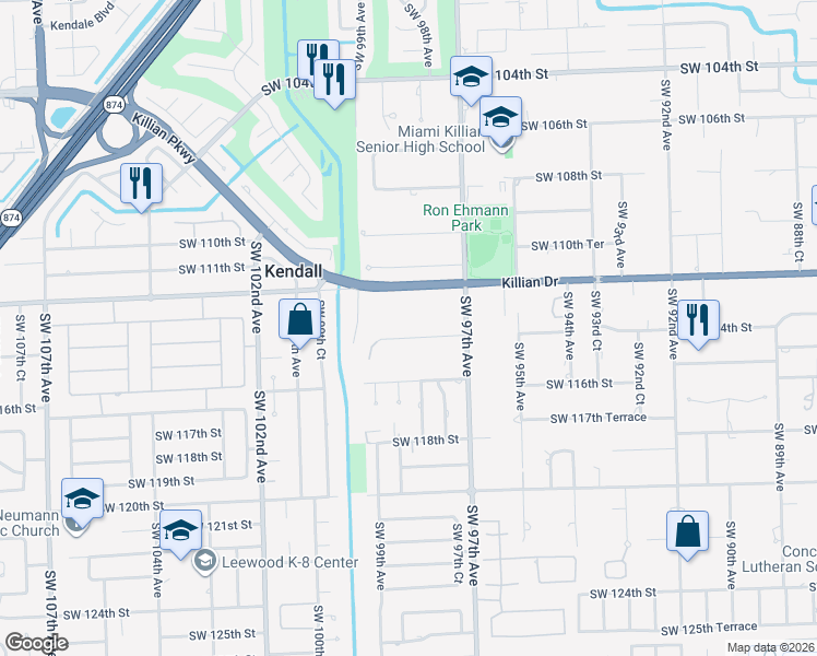 map of restaurants, bars, coffee shops, grocery stores, and more near 9830 Southwest 114th Street in Miami