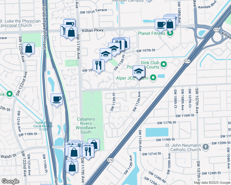 map of restaurants, bars, coffee shops, grocery stores, and more near 11359 Southwest 112th Circle Lane North in Miami