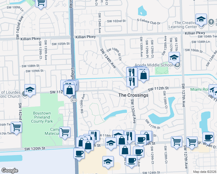 map of restaurants, bars, coffee shops, grocery stores, and more near 17 Southwest 132nd Place in Miami