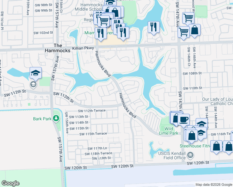 map of restaurants, bars, coffee shops, grocery stores, and more near 11065 Southwest 152nd Court in Miami