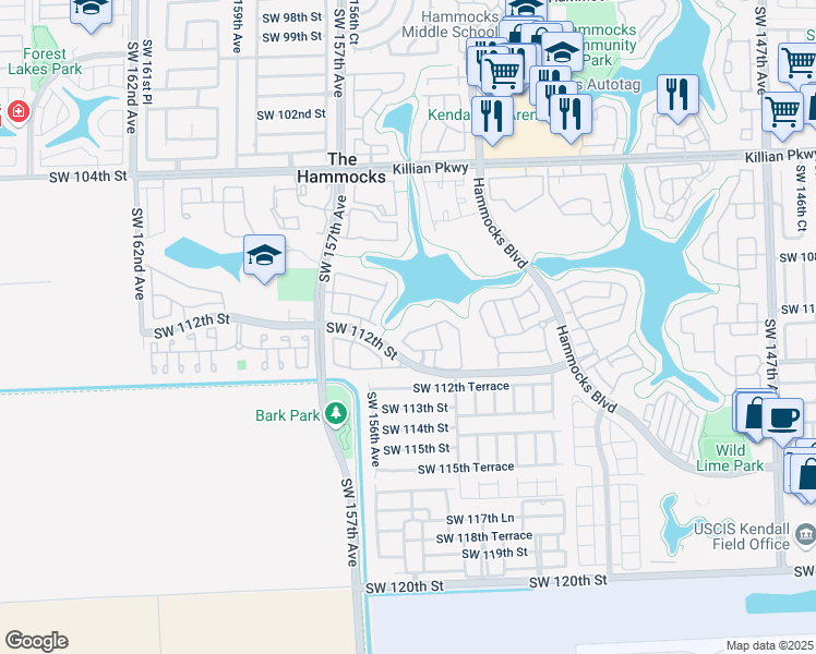 map of restaurants, bars, coffee shops, grocery stores, and more near 15539 Southwest 111th Terrace in Miami
