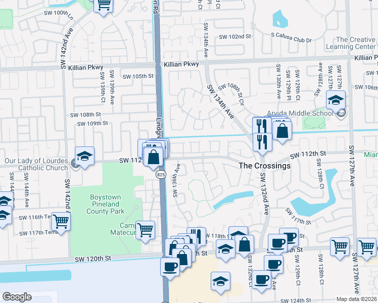map of restaurants, bars, coffee shops, grocery stores, and more near 13427 Southwest 112th Lane in Miami