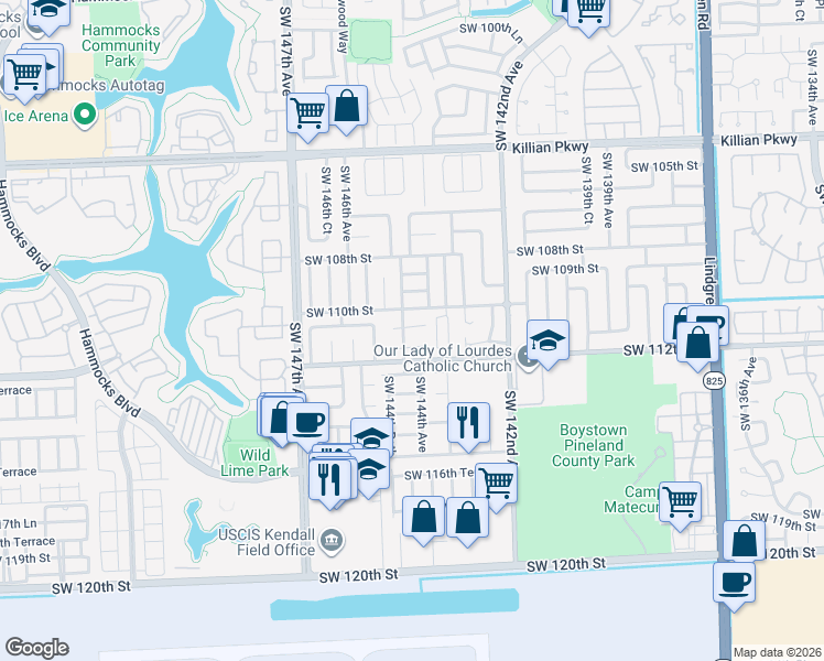 map of restaurants, bars, coffee shops, grocery stores, and more near 14432 Southwest 111th Street in Miami