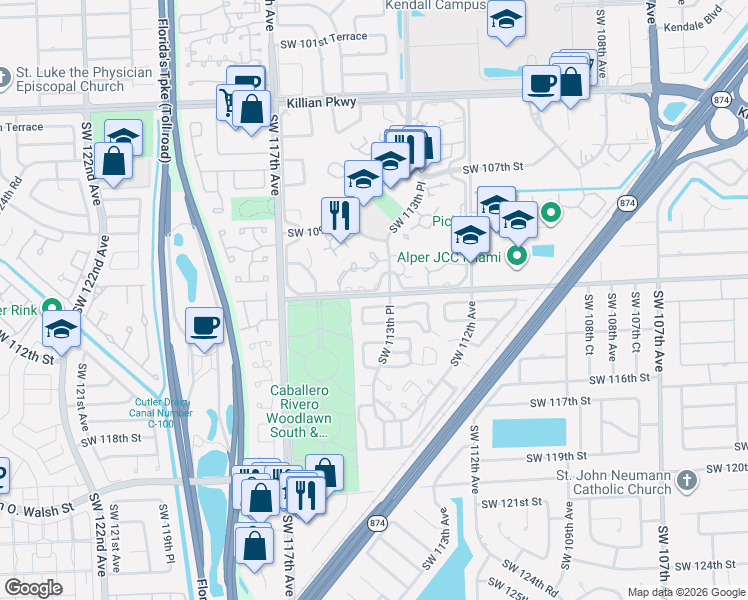 map of restaurants, bars, coffee shops, grocery stores, and more near 11250 Southwest 114th Court in Miami