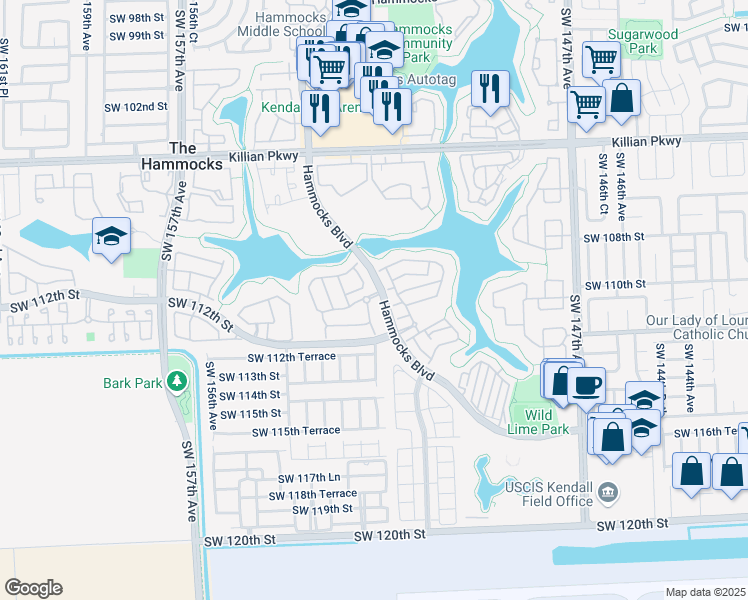map of restaurants, bars, coffee shops, grocery stores, and more near 11065 Southwest 152nd Court in Miami