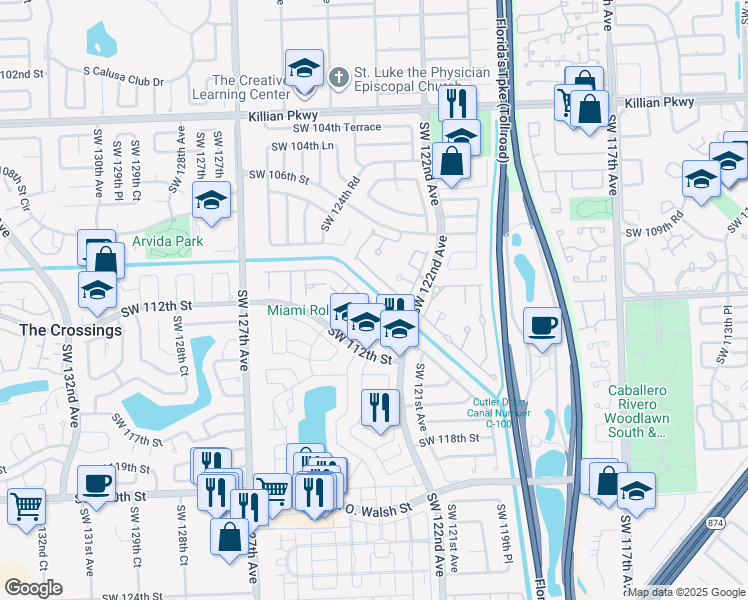 map of restaurants, bars, coffee shops, grocery stores, and more near 12299 Southwest 112th Street in Miami