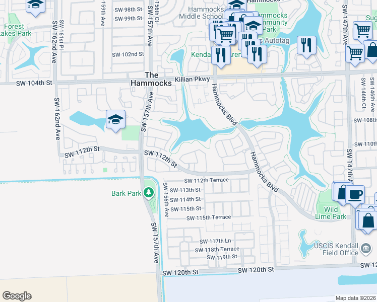 map of restaurants, bars, coffee shops, grocery stores, and more near 15479 Southwest 110th Terrace in Miami
