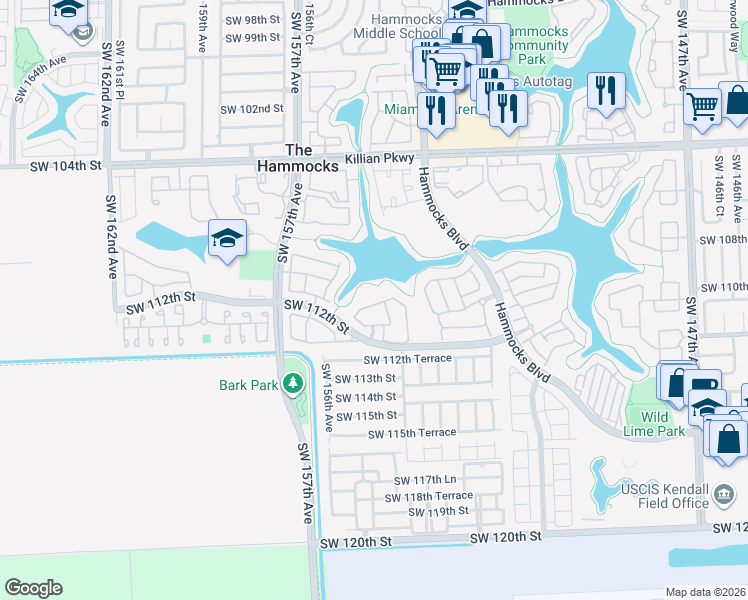 map of restaurants, bars, coffee shops, grocery stores, and more near 15479 Southwest 110th Terrace in Miami