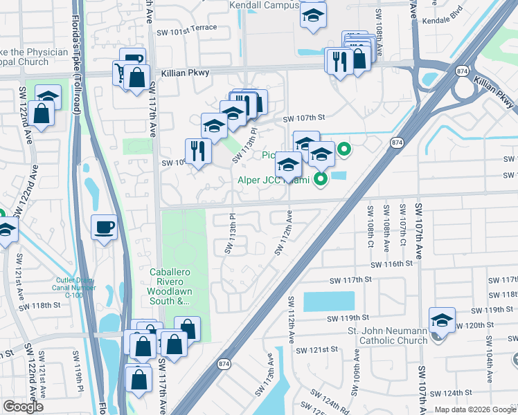 map of restaurants, bars, coffee shops, grocery stores, and more near 11333 Southwest 111th Street in Miami
