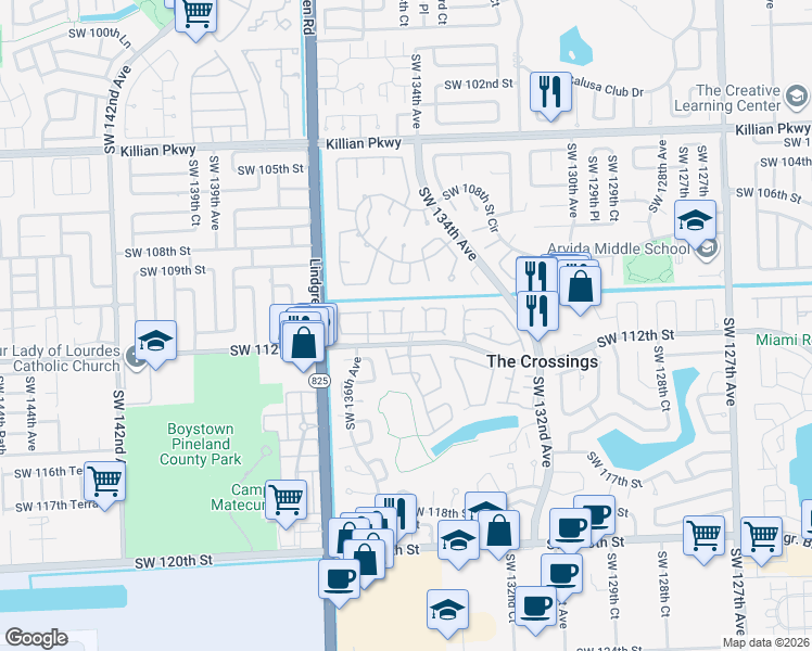 map of restaurants, bars, coffee shops, grocery stores, and more near 13345 Southwest 110th Terrace in Miami