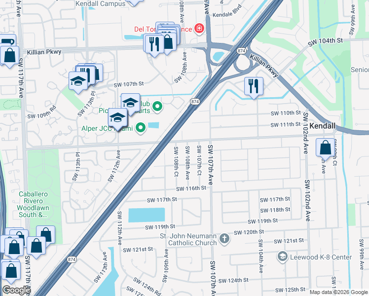 map of restaurants, bars, coffee shops, grocery stores, and more near 11220 Southwest 108th Avenue in Miami