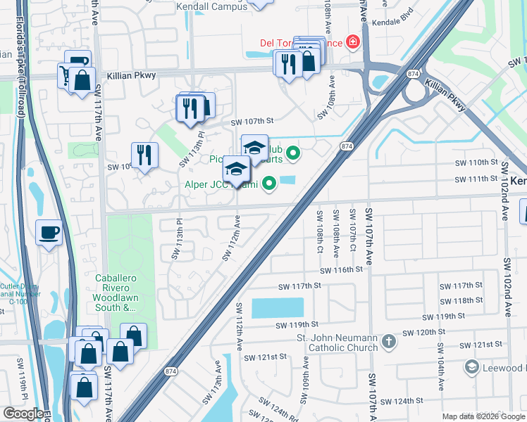 map of restaurants, bars, coffee shops, grocery stores, and more near 11155 Southwest 112th Avenue in Miami