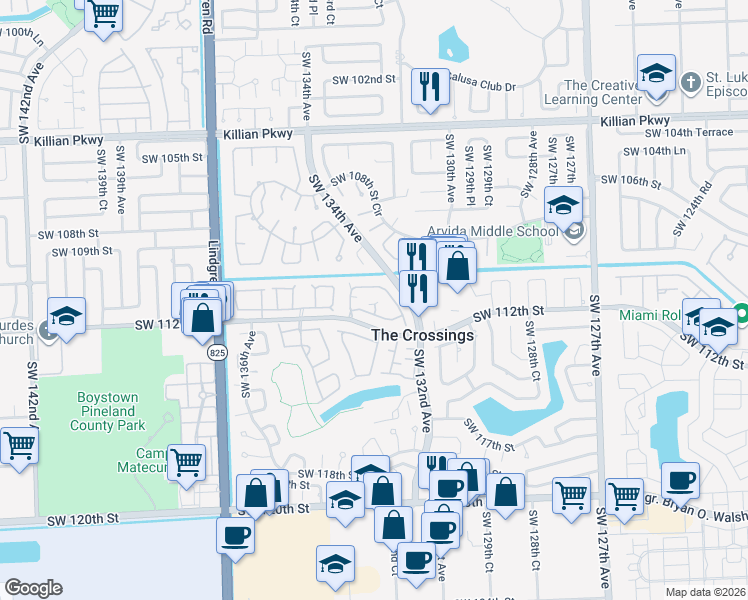 map of restaurants, bars, coffee shops, grocery stores, and more near 11023 Southwest 132nd Court in Miami