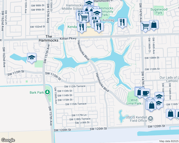 map of restaurants, bars, coffee shops, grocery stores, and more near 15246 Southwest 108th Terrace in Miami