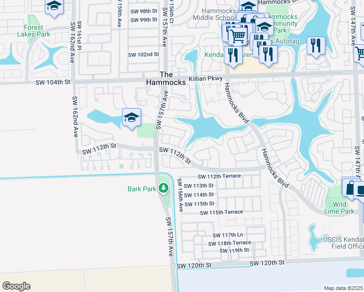 map of restaurants, bars, coffee shops, grocery stores, and more near 11081 Southwest 155th Place in Miami