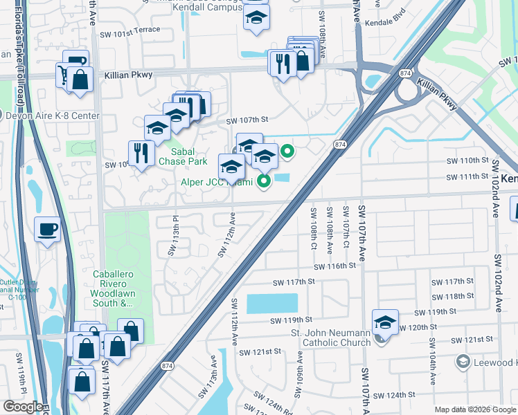 map of restaurants, bars, coffee shops, grocery stores, and more near 11155 Southwest 112th Avenue in Miami