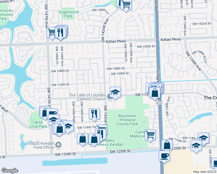 map of restaurants, bars, coffee shops, grocery stores, and more near 11001 Southwest 142nd Avenue in Miami