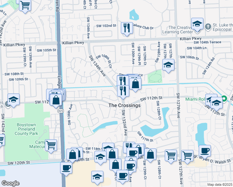 map of restaurants, bars, coffee shops, grocery stores, and more near 11023 Southwest 132nd Court in Miami