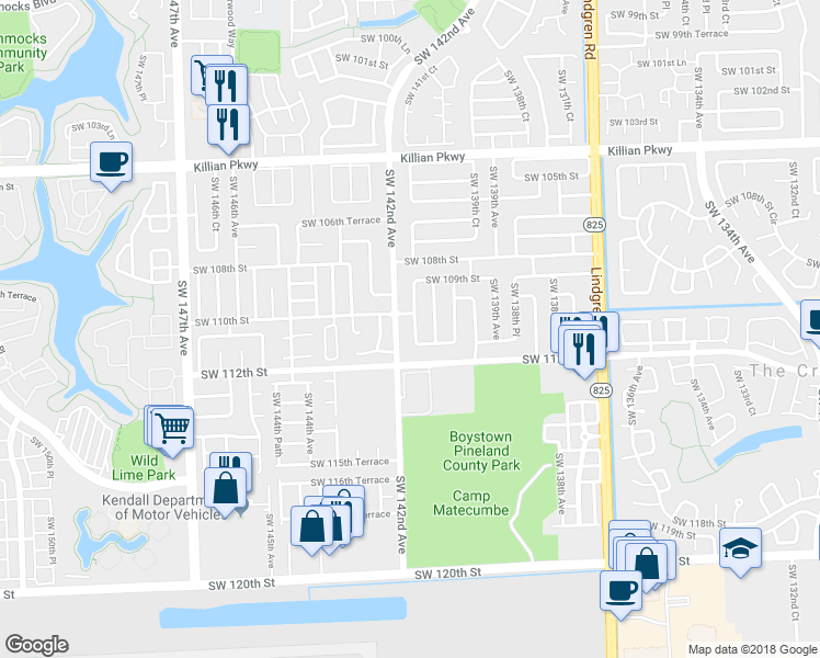 map of restaurants, bars, coffee shops, grocery stores, and more near 11001 Southwest 142nd Avenue in Miami