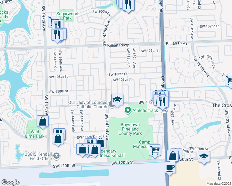map of restaurants, bars, coffee shops, grocery stores, and more near 11001 Southwest 140th Avenue in Miami