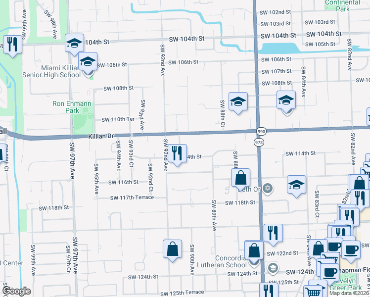 map of restaurants, bars, coffee shops, grocery stores, and more near 11245 Southwest 91 Avenue in Miami