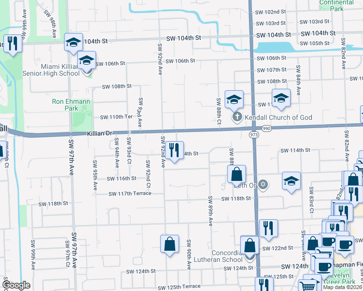 map of restaurants, bars, coffee shops, grocery stores, and more near 11245 Southwest 91 Avenue in Miami