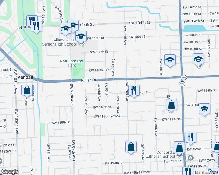 map of restaurants, bars, coffee shops, grocery stores, and more near 11300 Southwest 93rd Court in Miami