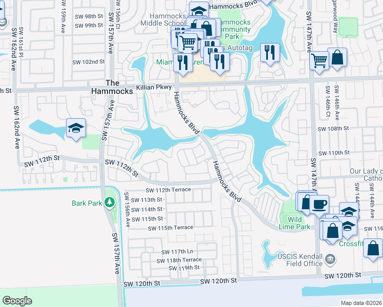 map of restaurants, bars, coffee shops, grocery stores, and more near 10884 Southwest 152nd Place in Miami