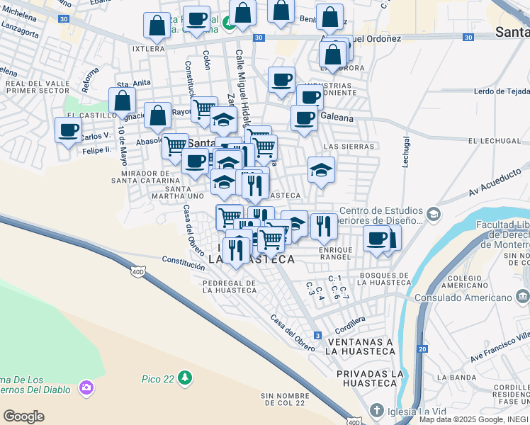 map of restaurants, bars, coffee shops, grocery stores, and more near Virgilio Cardenas in Ciudad Santa Catarina