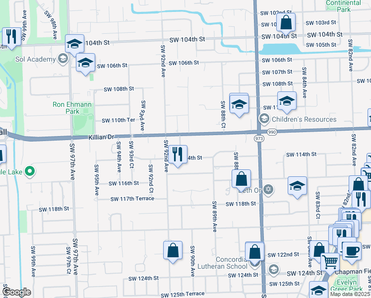 map of restaurants, bars, coffee shops, grocery stores, and more near 11245 Southwest 91 Avenue in Miami