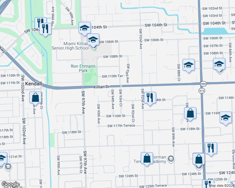 map of restaurants, bars, coffee shops, grocery stores, and more near 11300 Southwest 93rd Court in Miami