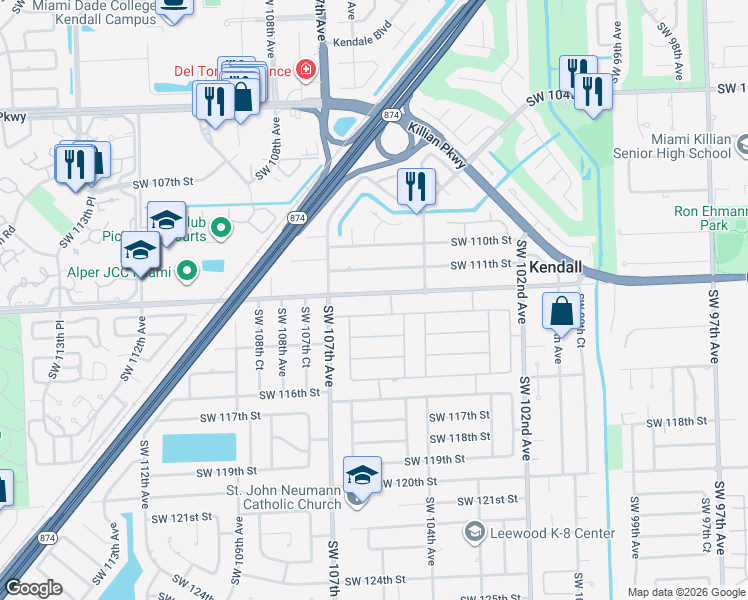 map of restaurants, bars, coffee shops, grocery stores, and more near 10480 Southwest 112th Street in Miami