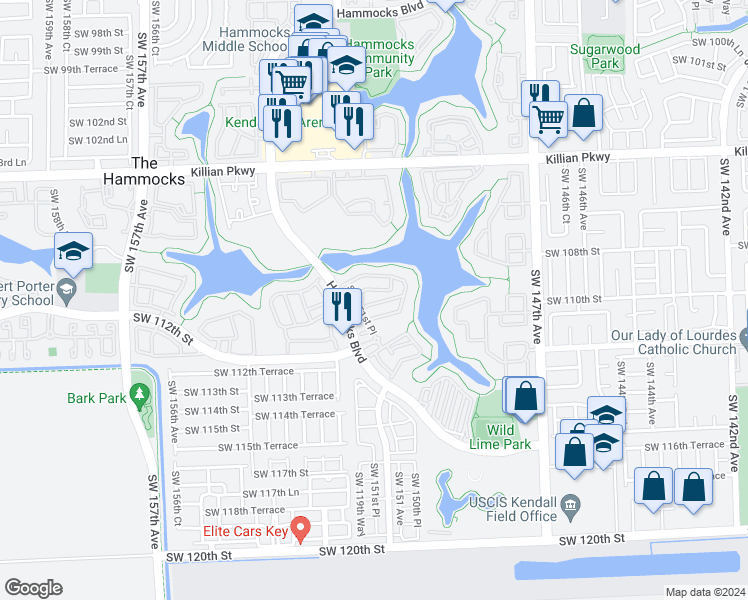 map of restaurants, bars, coffee shops, grocery stores, and more near 15113 Southwest 109th Lane in Miami