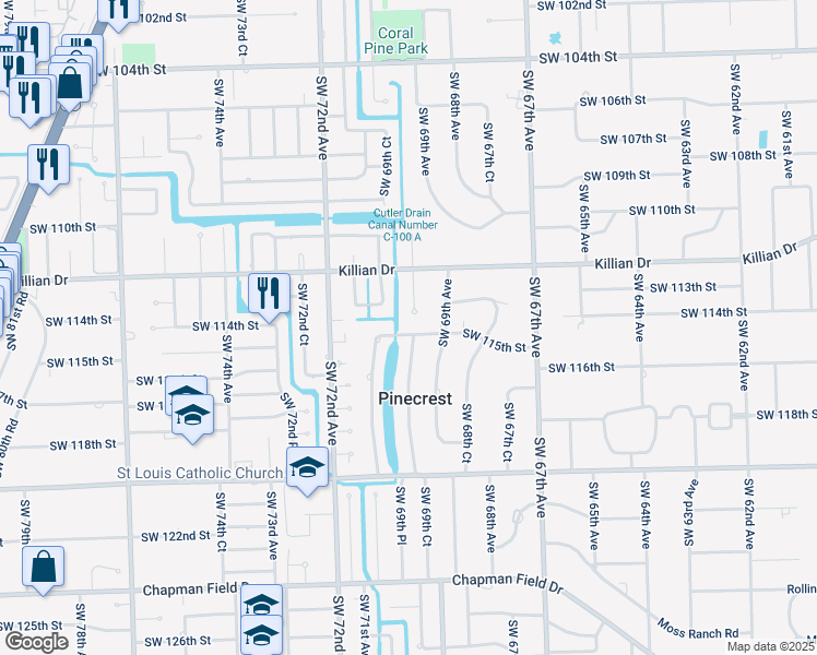 map of restaurants, bars, coffee shops, grocery stores, and more near 6945 Southwest 115th Street in Miami