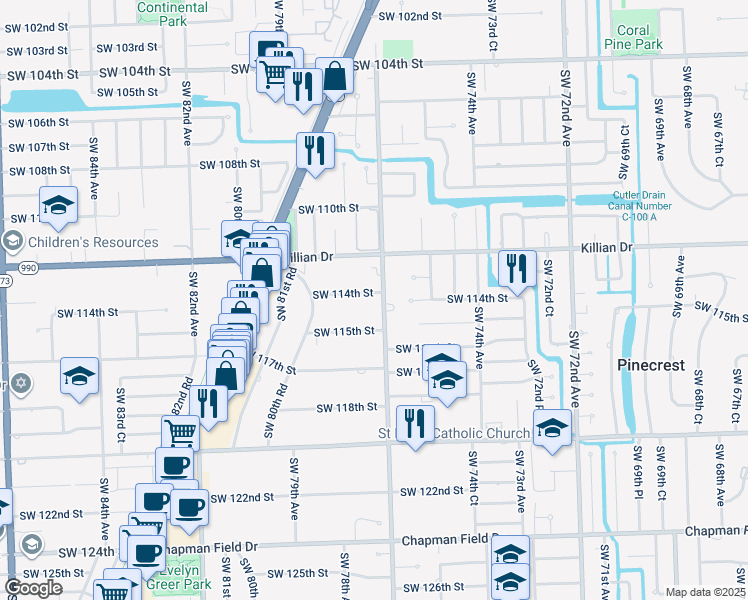 map of restaurants, bars, coffee shops, grocery stores, and more near 7700 Southwest 114th Street in Miami