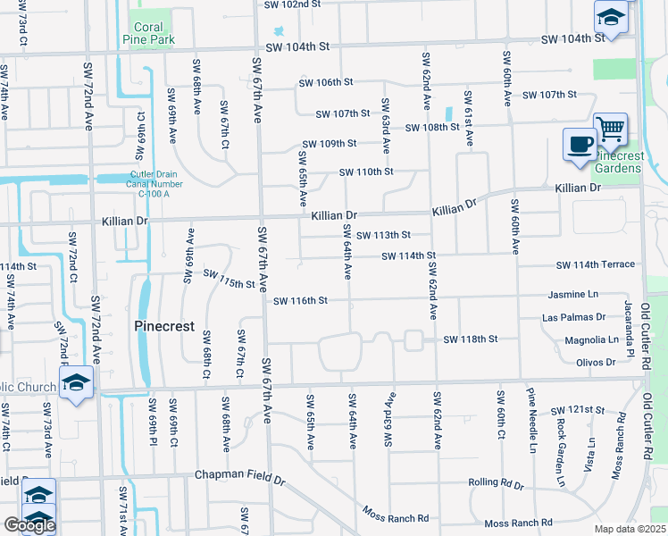 map of restaurants, bars, coffee shops, grocery stores, and more near 6440 Southwest 114th Street in Miami