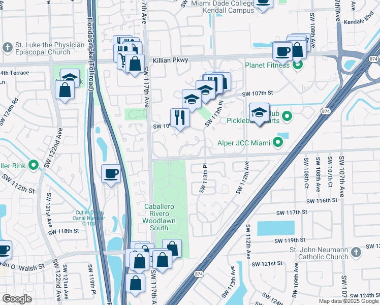 map of restaurants, bars, coffee shops, grocery stores, and more near 11407 Southwest 112th Street in Miami