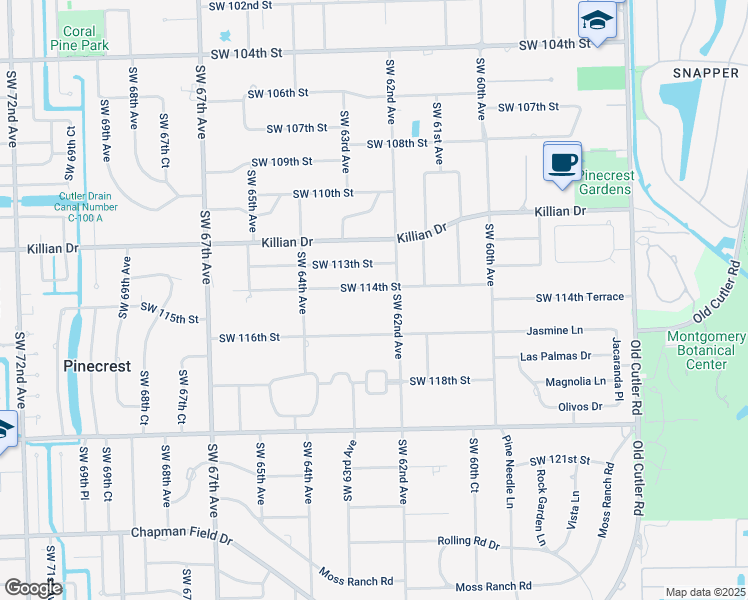 map of restaurants, bars, coffee shops, grocery stores, and more near 6230 Southwest 114th Street in Miami